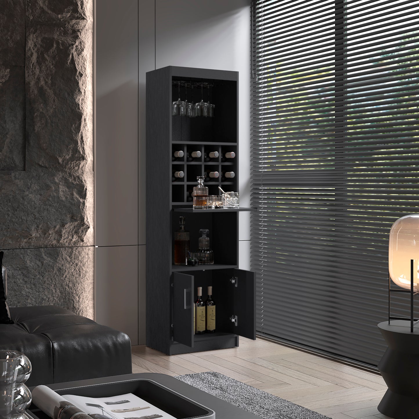 Kevil 71-Inch Tall Bar Cabinet 5-Tier Modern Bar Cabinet with Glass Holder Stemware Rack, Wine Cabinet, Liquor Cabinet, 12 Bottle Cubbies, 5 Shelves, and Pull Out Tray