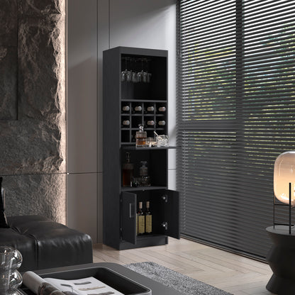 Kevil 71-Inch Tall Bar Cabinet 5-Tier Modern Bar Cabinet with Glass Holder Stemware Rack, Wine Cabinet, Liquor Cabinet, 12 Bottle Cubbies, 5 Shelves, and Pull Out Tray