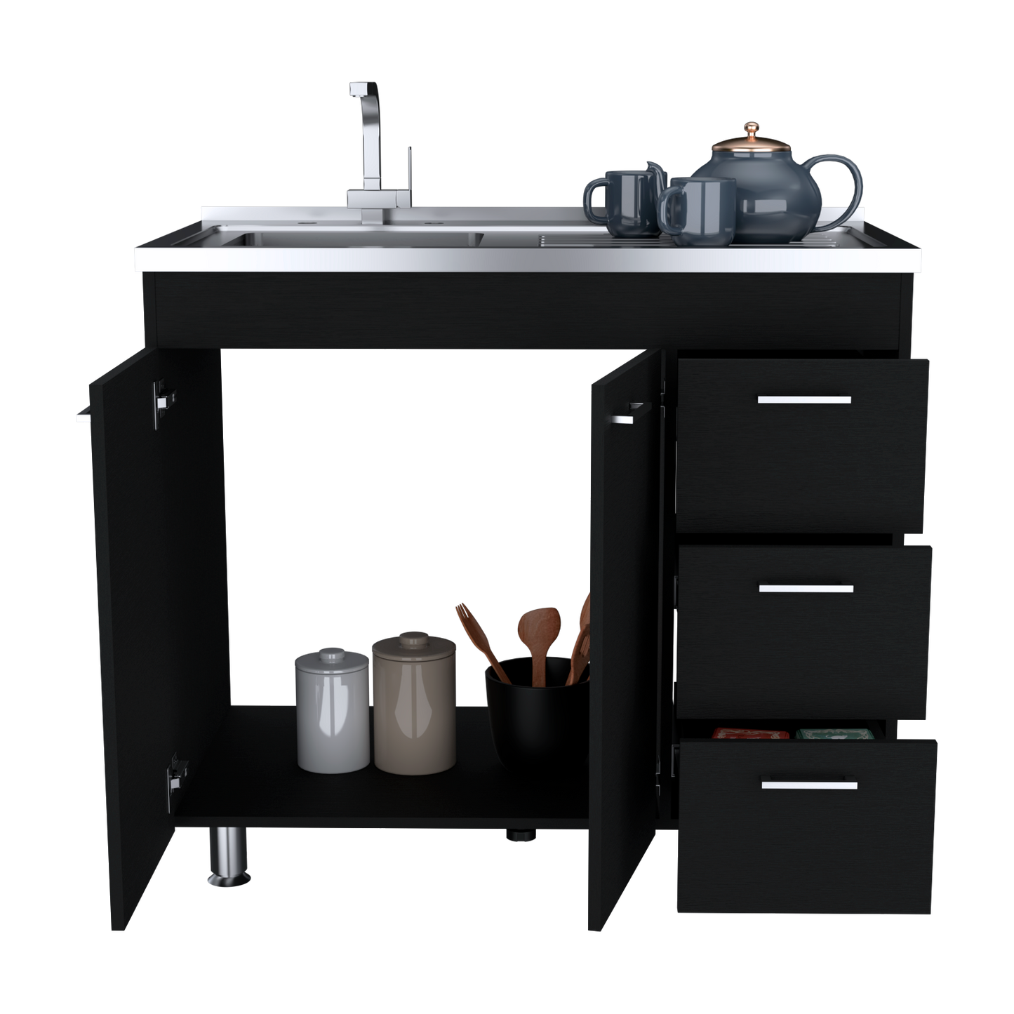 Ferretti Utility Sink Base Cabinet with Stainless Steel Countertop, Three Storage Drawers, Double-Door Cabinet and Integrated Faucet Opening for Modern Kitchen Organization, Prep Convenience and Functional Home Utility