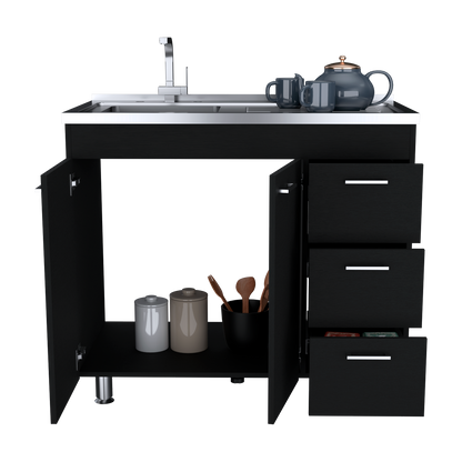 Ferretti Utility Sink Base Cabinet with Stainless Steel Countertop, Three Storage Drawers, Double-Door Cabinet and Integrated Faucet Opening for Modern Kitchen Organization, Prep Convenience and Functional Home Utility