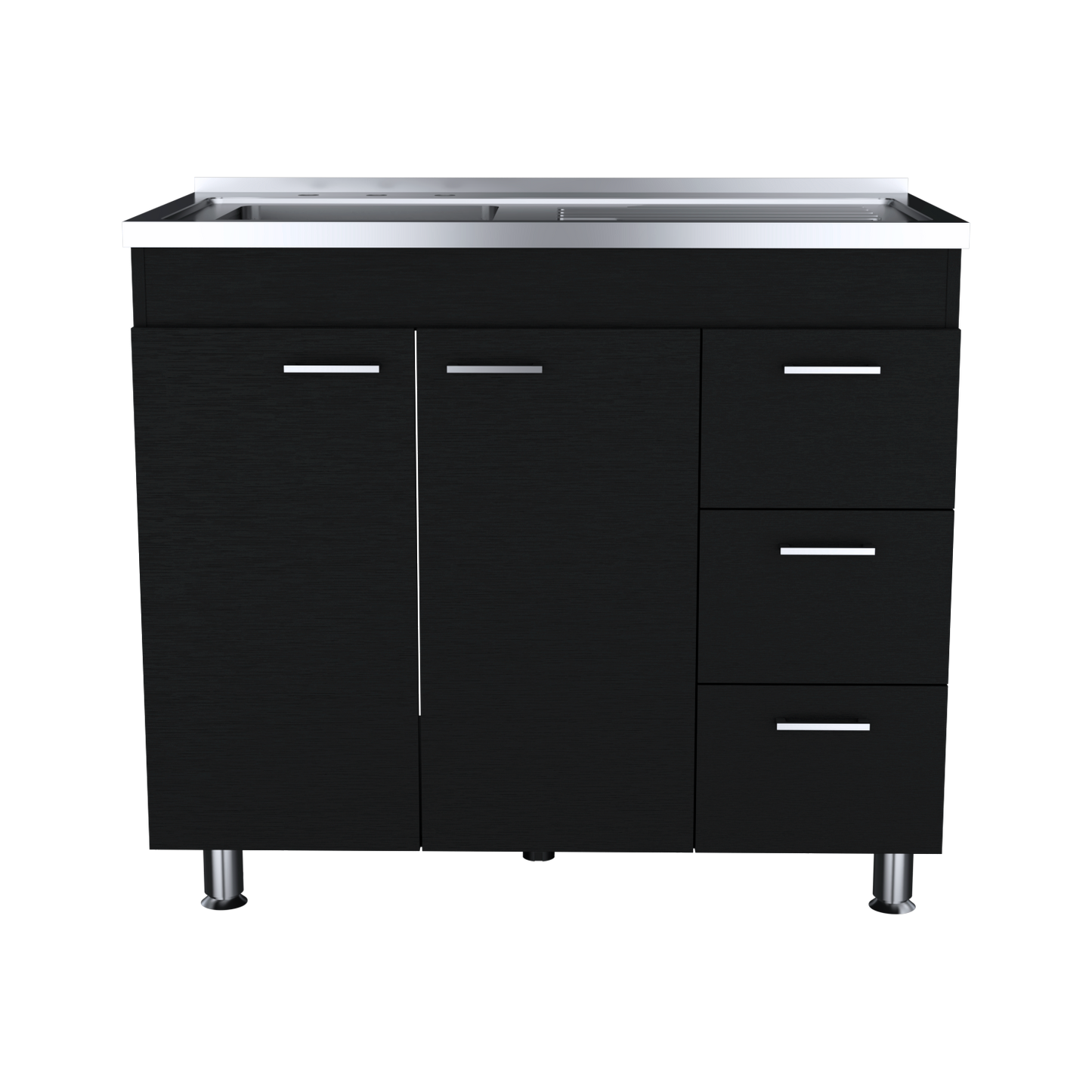 Ferretti Utility Sink Base Cabinet with Stainless Steel Countertop, Three Storage Drawers, Double-Door Cabinet and Integrated Faucet Opening for Modern Kitchen Organization, Prep Convenience and Functional Home Utility