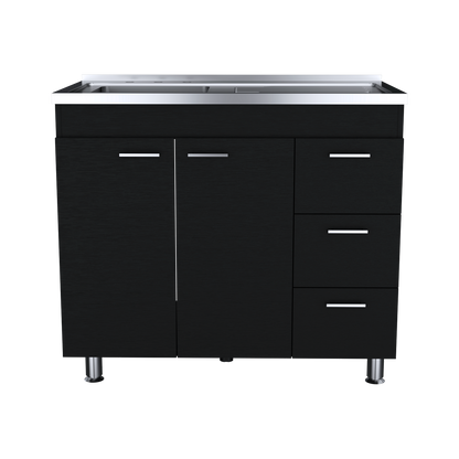 Ferretti Utility Sink Base Cabinet with Stainless Steel Countertop, Three Storage Drawers, Double-Door Cabinet and Integrated Faucet Opening for Modern Kitchen Organization, Prep Convenience and Functional Home Utility