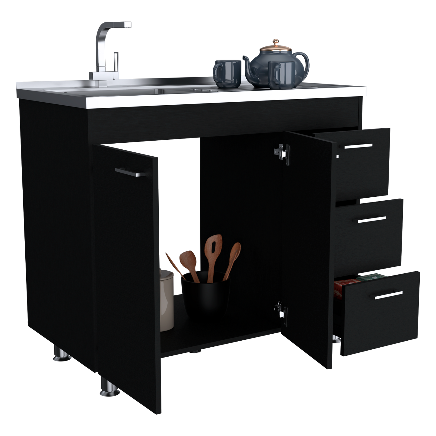 Ferretti Utility Sink Base Cabinet with Stainless Steel Countertop, Three Storage Drawers, Double-Door Cabinet and Integrated Faucet Opening for Modern Kitchen Organization, Prep Convenience and Functional Home Utility