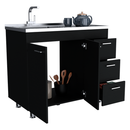Ferretti Utility Sink Base Cabinet with Stainless Steel Countertop, Three Storage Drawers, Double-Door Cabinet and Integrated Faucet Opening for Modern Kitchen Organization, Prep Convenience and Functional Home Utility