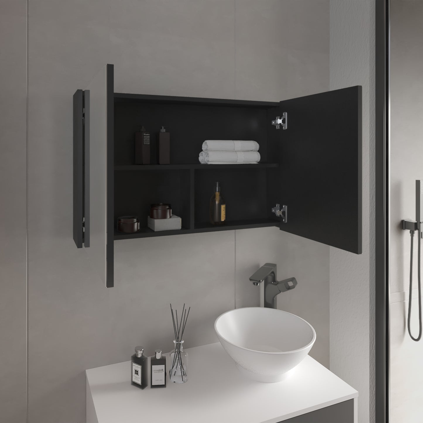 Bouti 19.7" H x 31.5" W Double Door Mirror Medicine Cabinet, Three interior Shelves for Bathroom, Kitchen