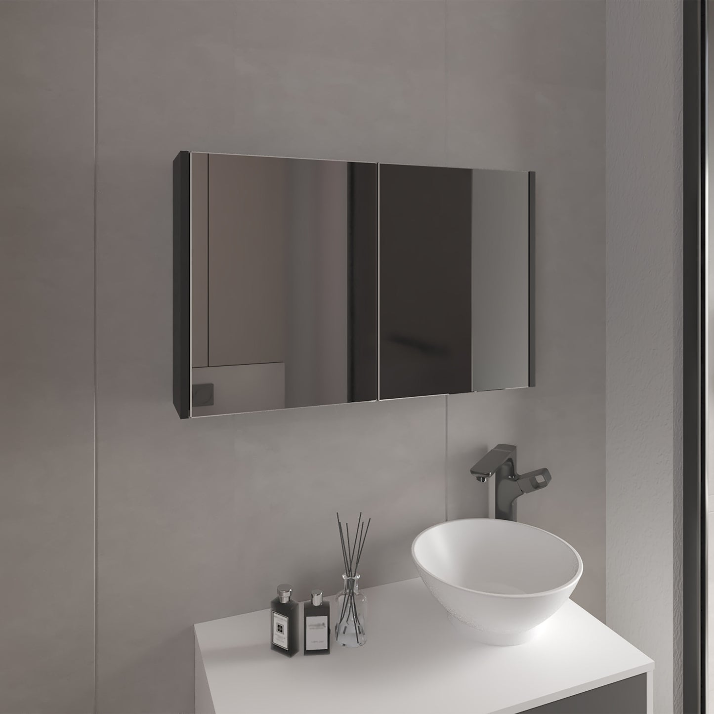 Bouti 19.7" H x 31.5" W Double Door Mirror Medicine Cabinet, Three interior Shelves for Bathroom, Kitchen