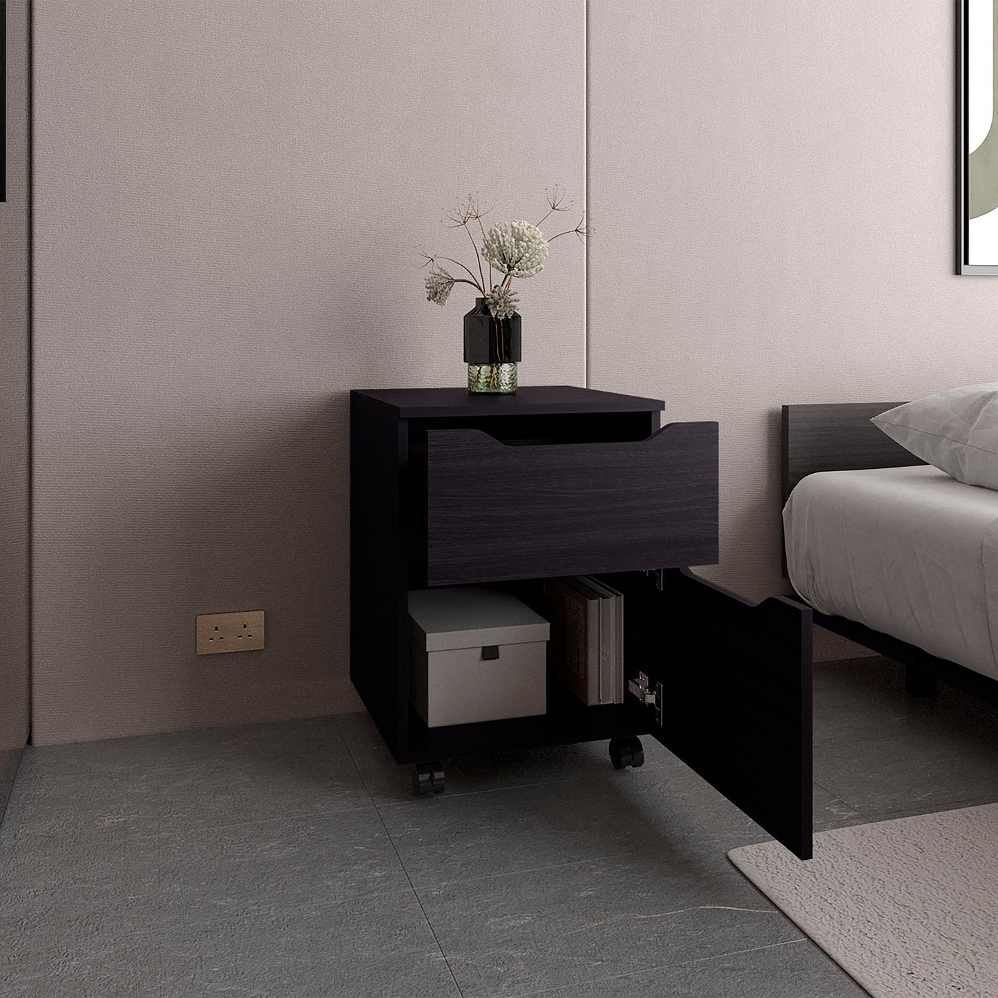 Ethan Open Shelves Nightstand With One Door, Modern Bedside Table For Bedroom Storage