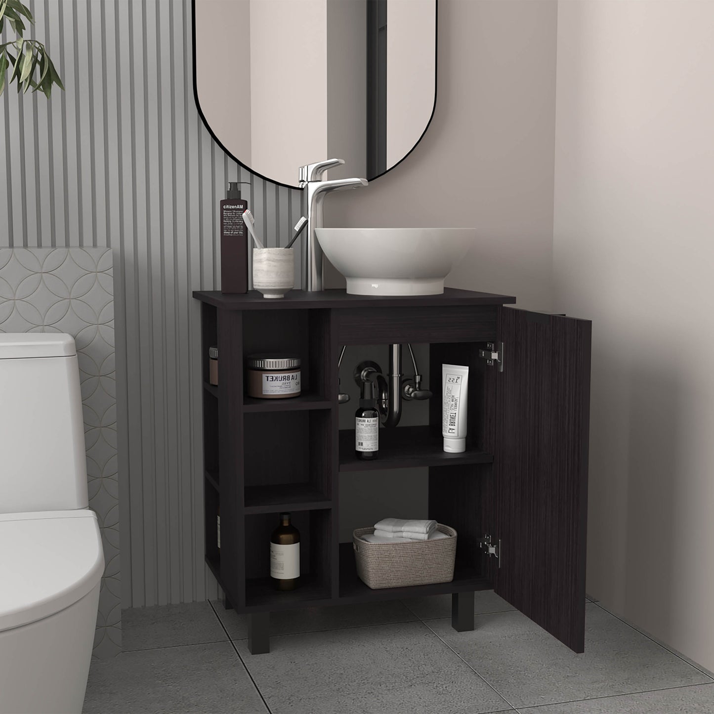 Allegra Vessel Sink Vanity With One Door Storage And Open Shelves, Freestanding Bathroom Cabinet