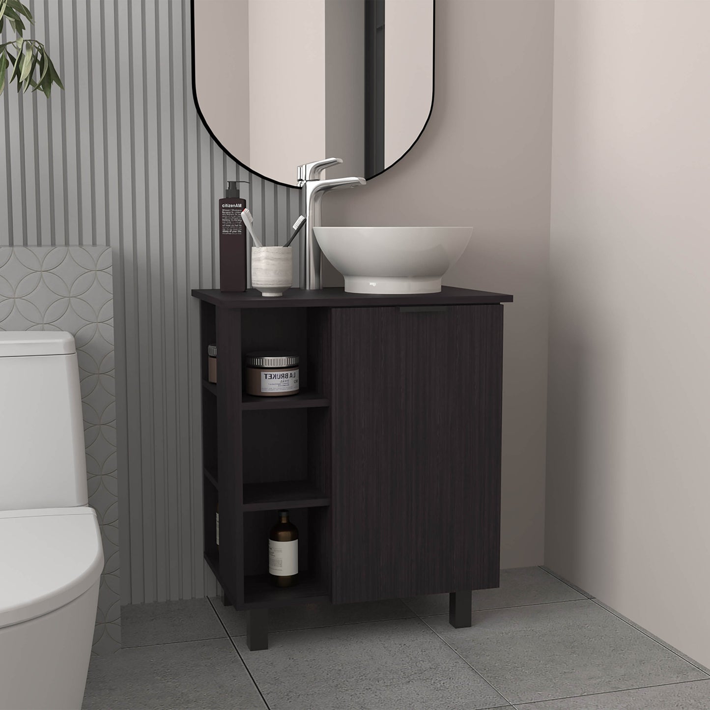 Allegra Vessel Sink Vanity With One Door Storage And Open Shelves, Freestanding Bathroom Cabinet