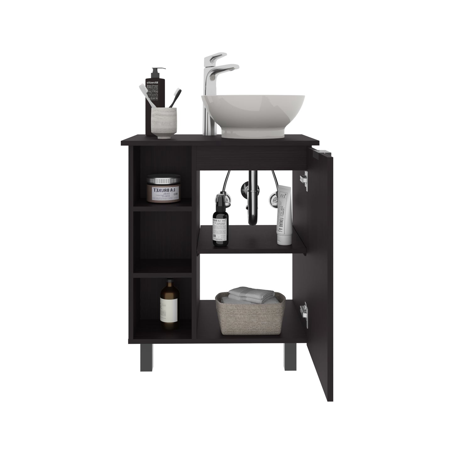 Allegra Vessel Sink Vanity With One Door Storage And Open Shelves, Freestanding Bathroom Cabinet