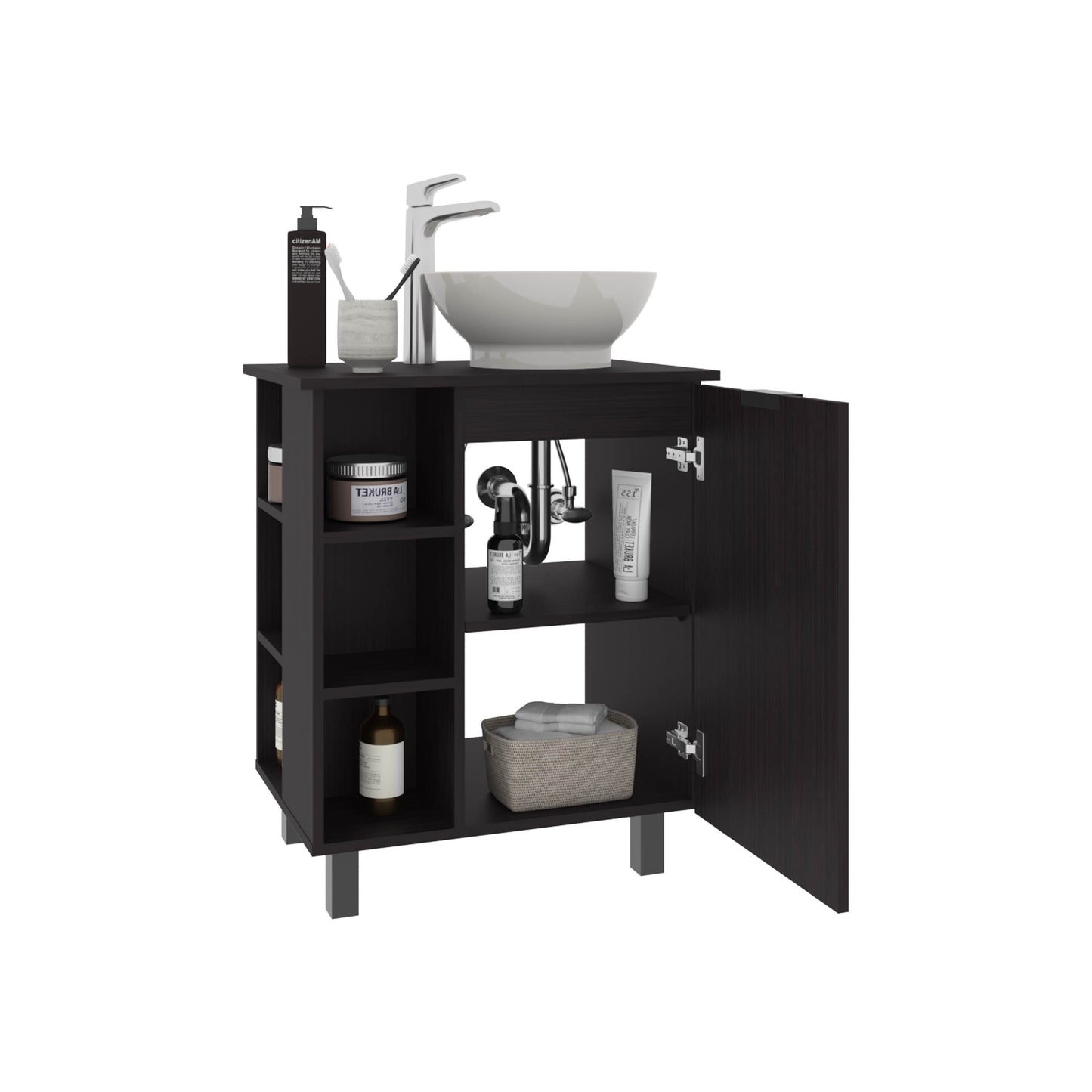 Allegra Vessel Sink Vanity With One Door Storage And Open Shelves, Freestanding Bathroom Cabinet
