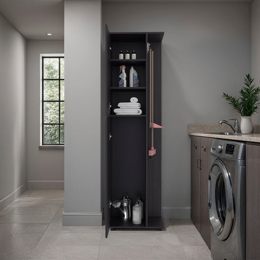Austin Storage Broom Closet with Magnetic-Closure Doors, Tall Multi-Purpose Utility Cabinet for Cleaning Supplies, Durable Engineered Wood Construction and Space-Saving Design
