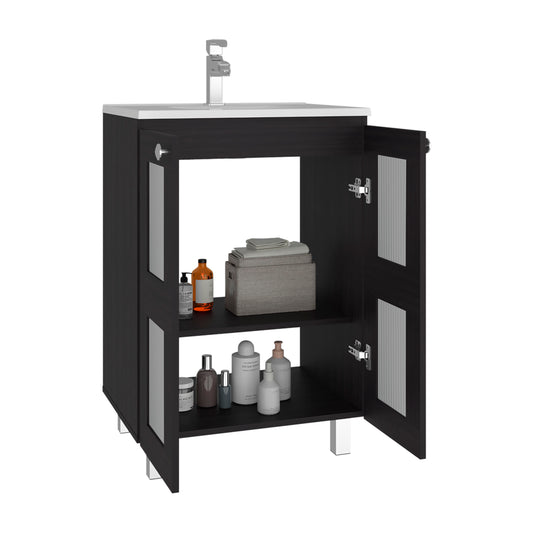 Haysi Bathroom Vanity Cabinet with 2 frosted glass Doors, Resin Sink and 2 Interior Shelves Cabinet, Compact Vintage and Modern Bathroom Vanity