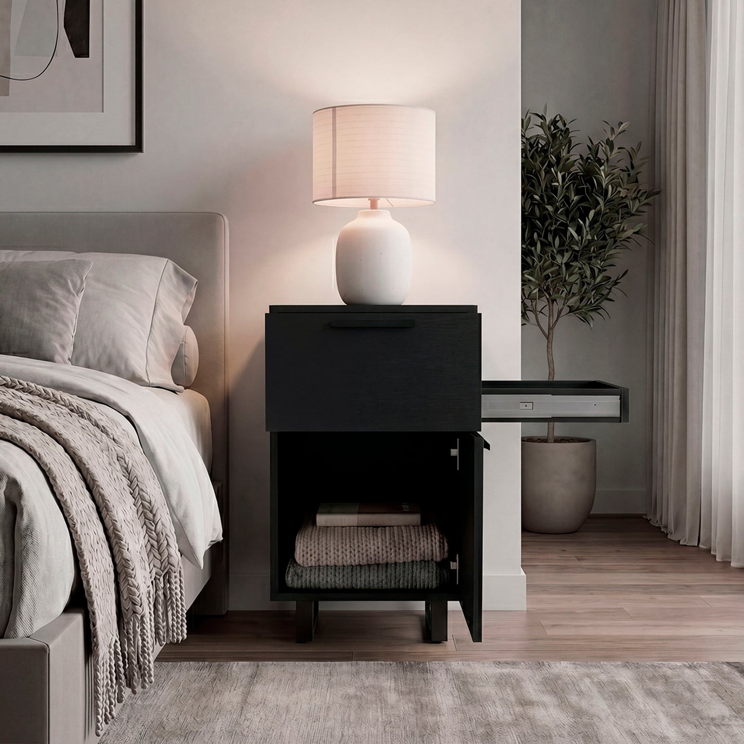 Secret Compact Nightstand with One Standard Drawer, Hidden Side Drawer and Storage Cabinet