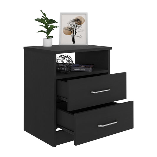 Tuhome Napoles Nightstand in Black with Two Drawers and Open Compartment, Modern Design for Bedroom or Living Room Storage
