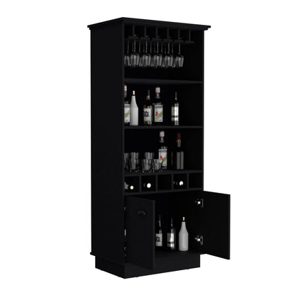 Dundee 70-Inch High 10-Glass Bar Cabinet With 5 Cubbies And 3 Open Shelves And Cabinet