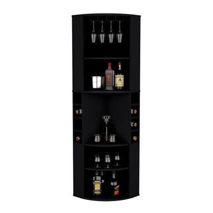 Oban Corner Bar Cabinet with Five Shelves, Eight Bottle Cubbies and Stemware Storage, Space-Saving Full-Corner Design for Home Entertainment, Multi-Level Display and Organized Beverage Storage for Modern Living Spaces