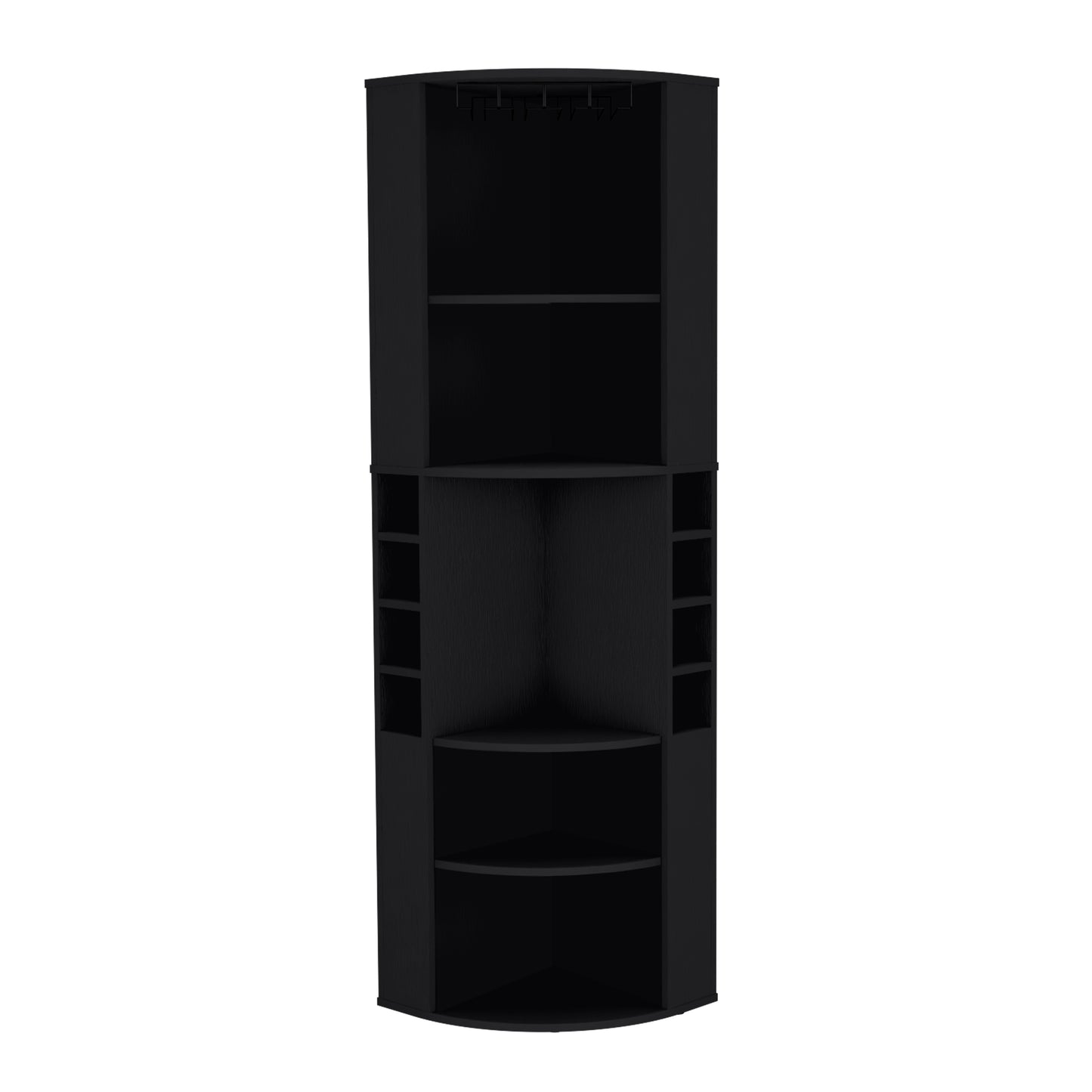 Oban Corner Bar Cabinet with Five Shelves, Eight Bottle Cubbies and Stemware Storage, Space-Saving Full-Corner Design for Home Entertainment, Multi-Level Display and Organized Beverage Storage for Modern Living Spaces