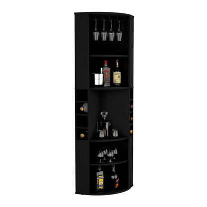 Oban Corner Bar Cabinet with Five Shelves, Eight Bottle Cubbies and Stemware Storage, Space-Saving Full-Corner Design for Home Entertainment, Multi-Level Display and Organized Beverage Storage for Modern Living Spaces