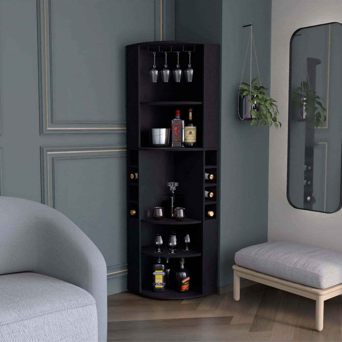 Oban Corner Bar Cabinet with Five Shelves, Eight Bottle Cubbies and Stemware Storage, Space-Saving Full-Corner Design for Home Entertainment, Multi-Level Display and Organized Beverage Storage for Modern Living Spaces