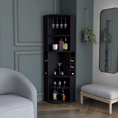 Oban Corner Bar Cabinet with Five Shelves, Eight Bottle Cubbies and Stemware Storage, Space-Saving Full-Corner Design for Home Entertainment, Multi-Level Display and Organized Beverage Storage for Modern Living Spaces