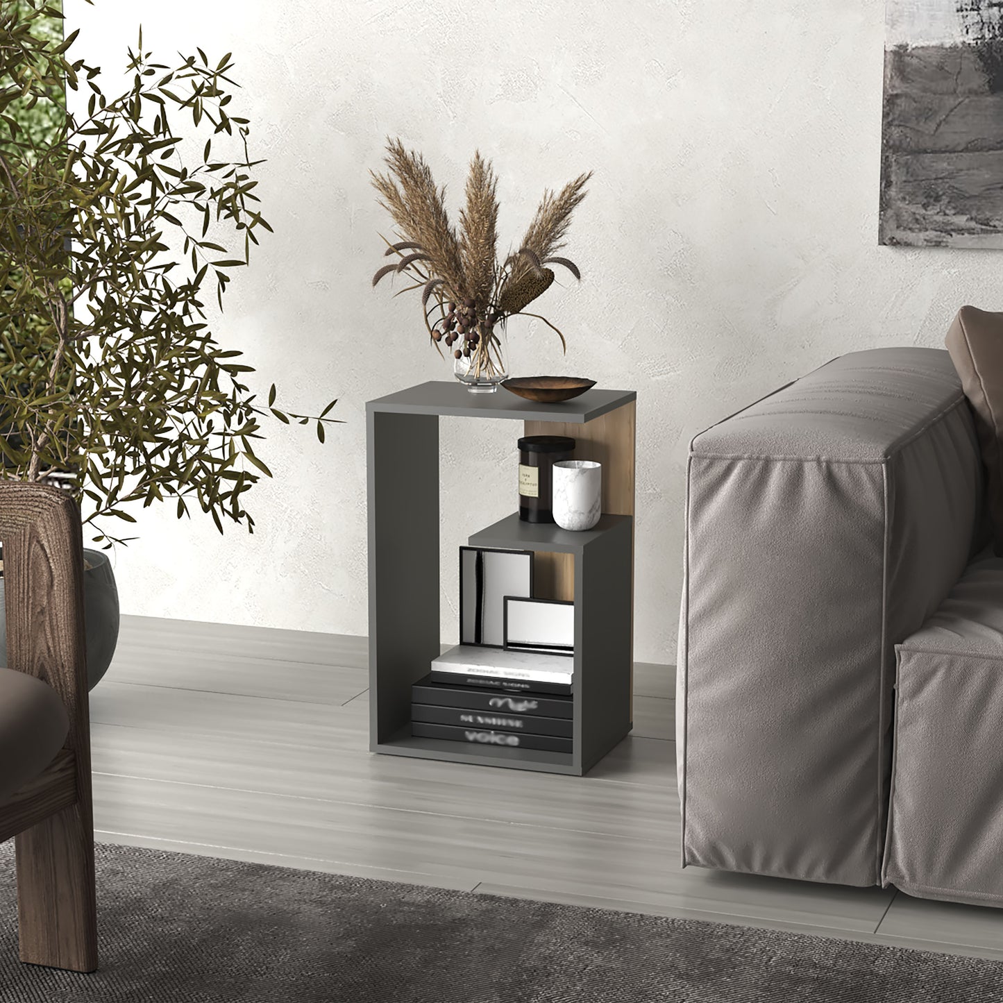 TUHOME Everet 25-Inch High Three-Tier Side Table with Tray-Style Top and Dual Lower Shelves, Compact End Table for Living Room, Sofa Side Storage, Modern Small-Space Organizer for Coffee, Décor and Everyday Essentials
