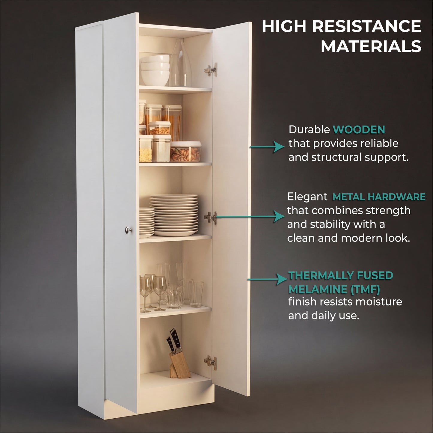 Tuhome Lambardi Tall Multistorage Cabinet with Double Door Design, Five Deep Interior Shelves, Freestanding Vertical Storage Solution for Kitchens, Laundry Rooms, Bedrooms or Utility Areas to Maximize Home Organization