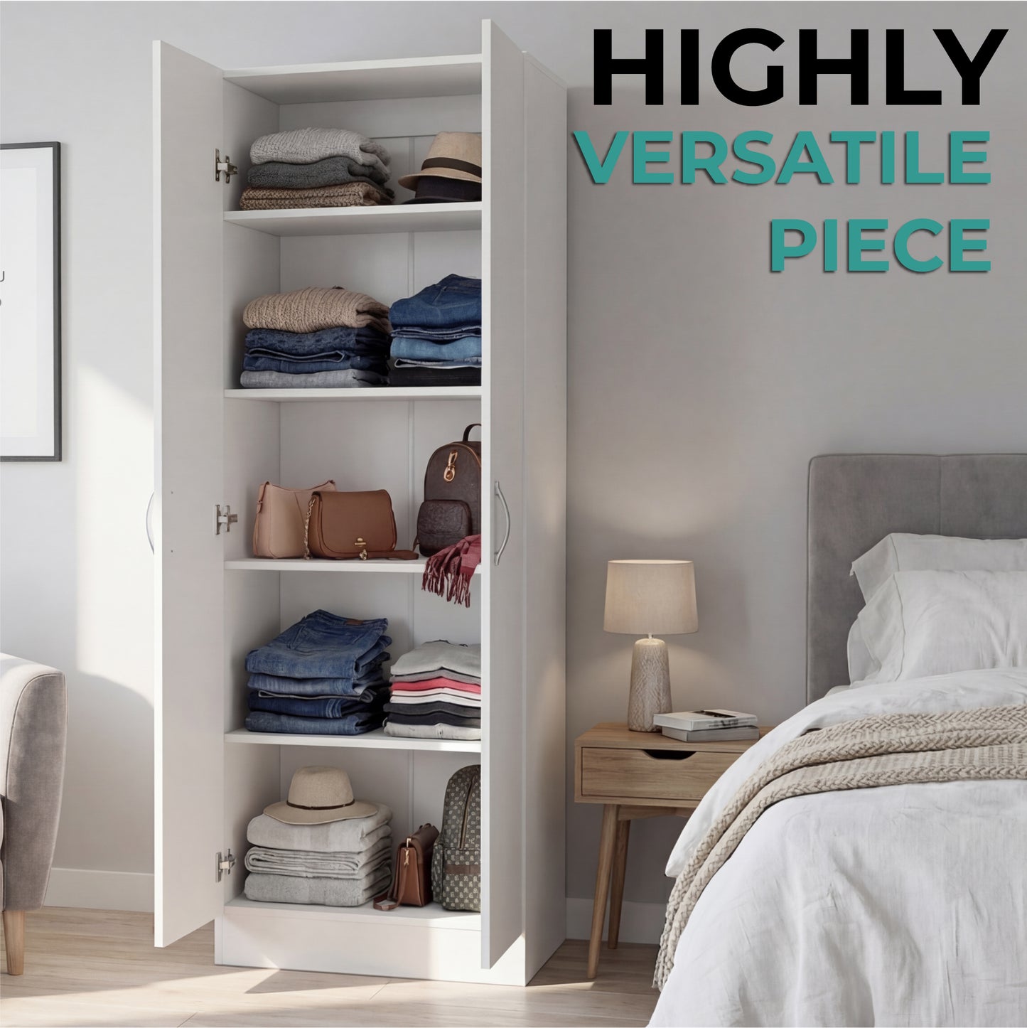 Tuhome Lambardi Tall Multistorage Cabinet with Double Door Design, Five Deep Interior Shelves, Freestanding Vertical Storage Solution for Kitchens, Laundry Rooms, Bedrooms or Utility Areas to Maximize Home Organization