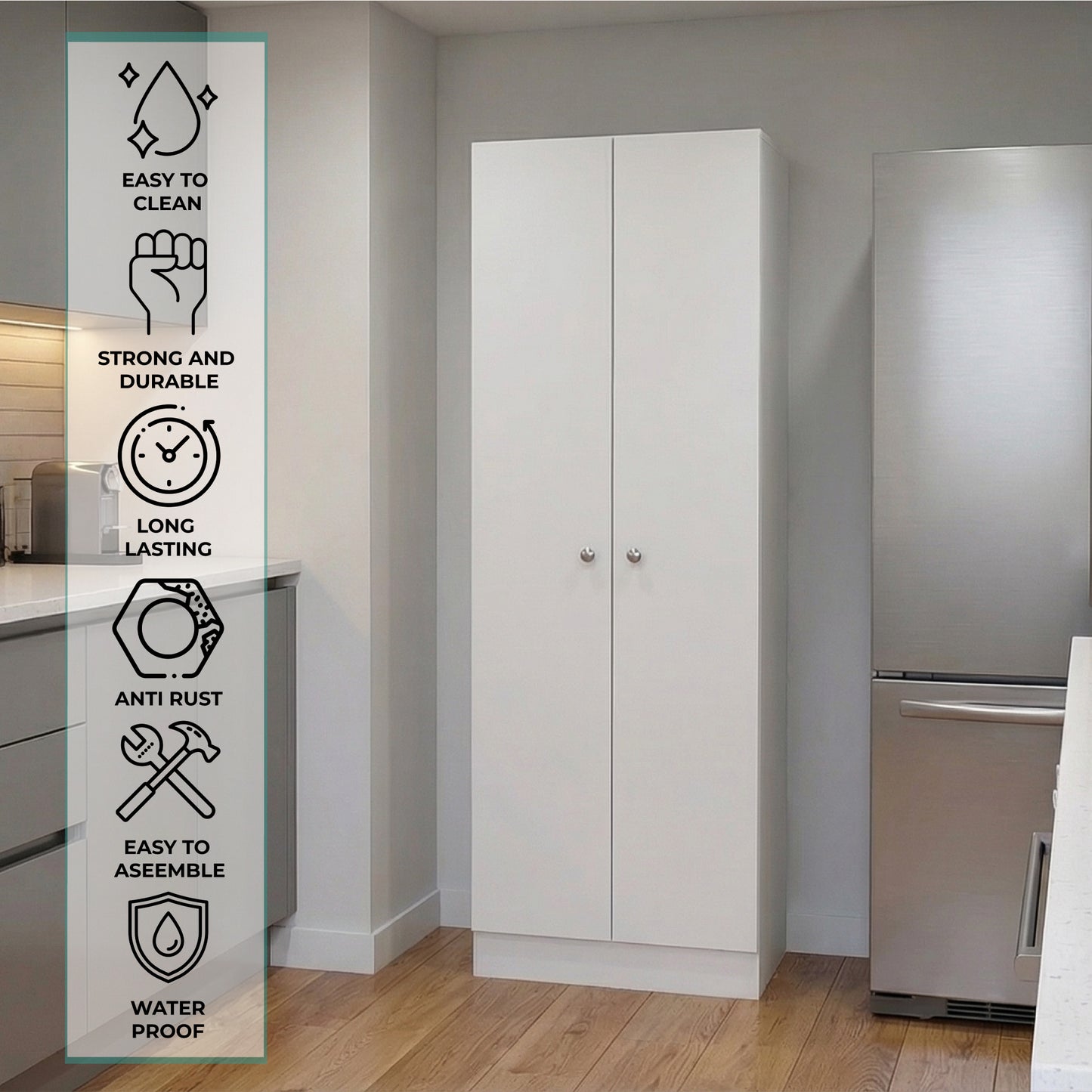 Tuhome Lambardi Tall Multistorage Cabinet with Double Door Design, Five Deep Interior Shelves, Freestanding Vertical Storage Solution for Kitchens, Laundry Rooms, Bedrooms or Utility Areas to Maximize Home Organization