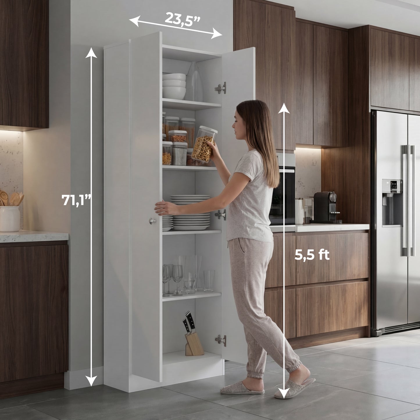 Tuhome Lambardi Tall Multistorage Cabinet with Double Door Design, Five Deep Interior Shelves, Freestanding Vertical Storage Solution for Kitchens, Laundry Rooms, Bedrooms or Utility Areas to Maximize Home Organization