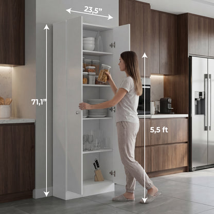 Tuhome Lambardi Tall Multistorage Cabinet with Double Door Design, Five Deep Interior Shelves, Freestanding Vertical Storage Solution for Kitchens, Laundry Rooms, Bedrooms or Utility Areas to Maximize Home Organization