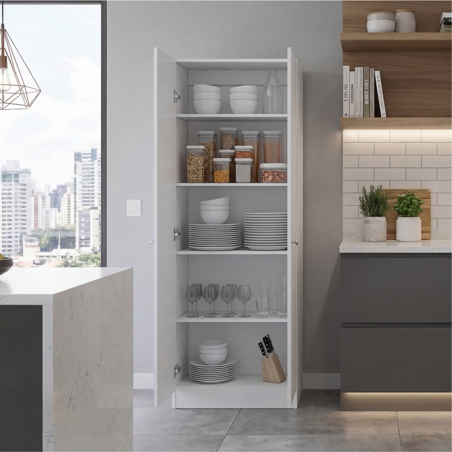 Tuhome Lambardi Tall Multistorage Cabinet with Double Door Design, Five Deep Interior Shelves, Freestanding Vertical Storage Solution for Kitchens, Laundry Rooms, Bedrooms or Utility Areas to Maximize Home Organization