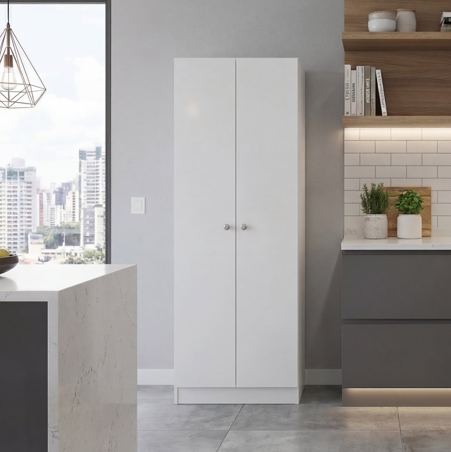 Tuhome Lambardi Tall Multistorage Cabinet with Double Door Design, Five Deep Interior Shelves, Freestanding Vertical Storage Solution for Kitchens, Laundry Rooms, Bedrooms or Utility Areas to Maximize Home Organization