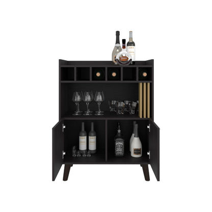 Vance 40" High Bar Cabinet with Six Bottle Cubbies, Two Double Door Cabients, Four Shelves, Living Room, Wine Rack, Liquoar Cabient Dark Wengue