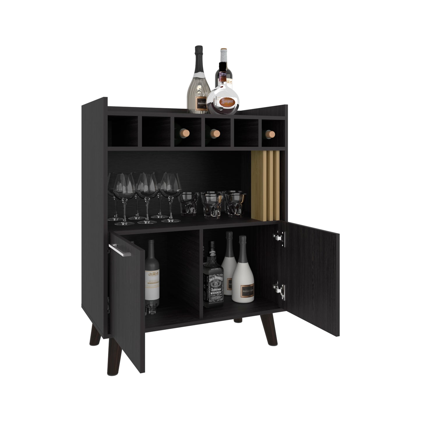 Vance 40" High Bar Cabinet with Six Bottle Cubbies, Two Double Door Cabients, Four Shelves, Living Room, Wine Rack, Liquoar Cabient Dark Wengue