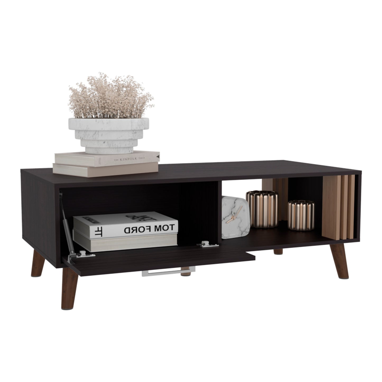 Vance 47" Wide Coffee Table with One Open Shelf and One pull Down Cabinet Door, Living Room, Storage
