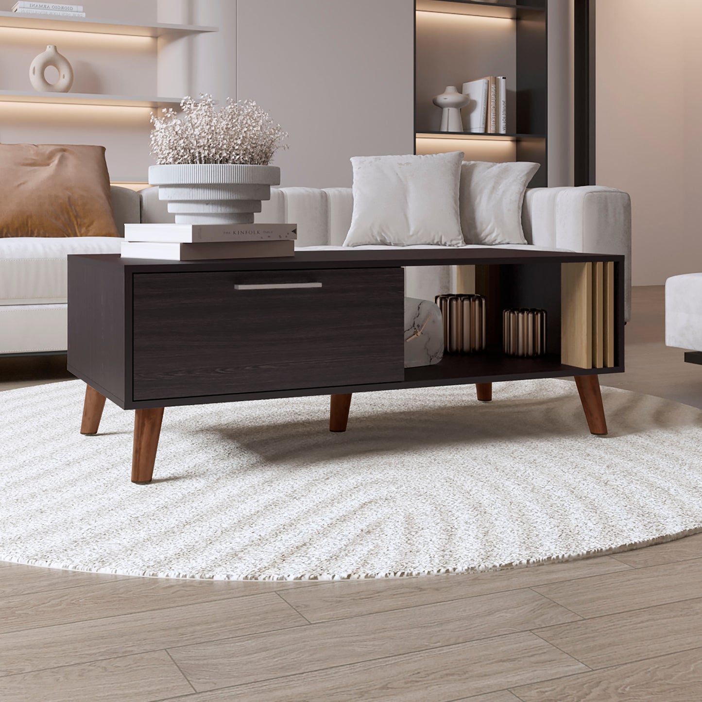 Vance 47" Wide Coffee Table with One Open Shelf and One pull Down Cabinet Door, Living Room, Storage