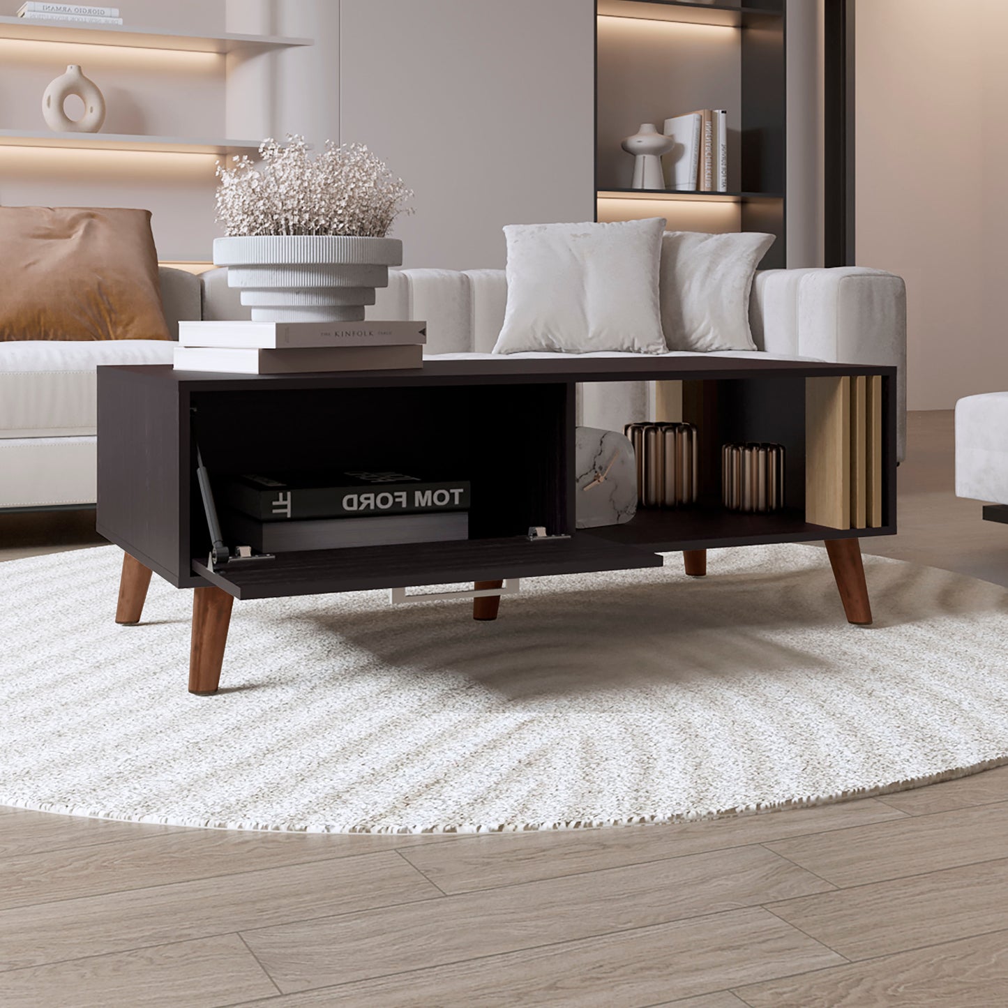Vance 47" Wide Coffee Table with One Open Shelf and One pull Down Cabinet Door, Living Room, Storage