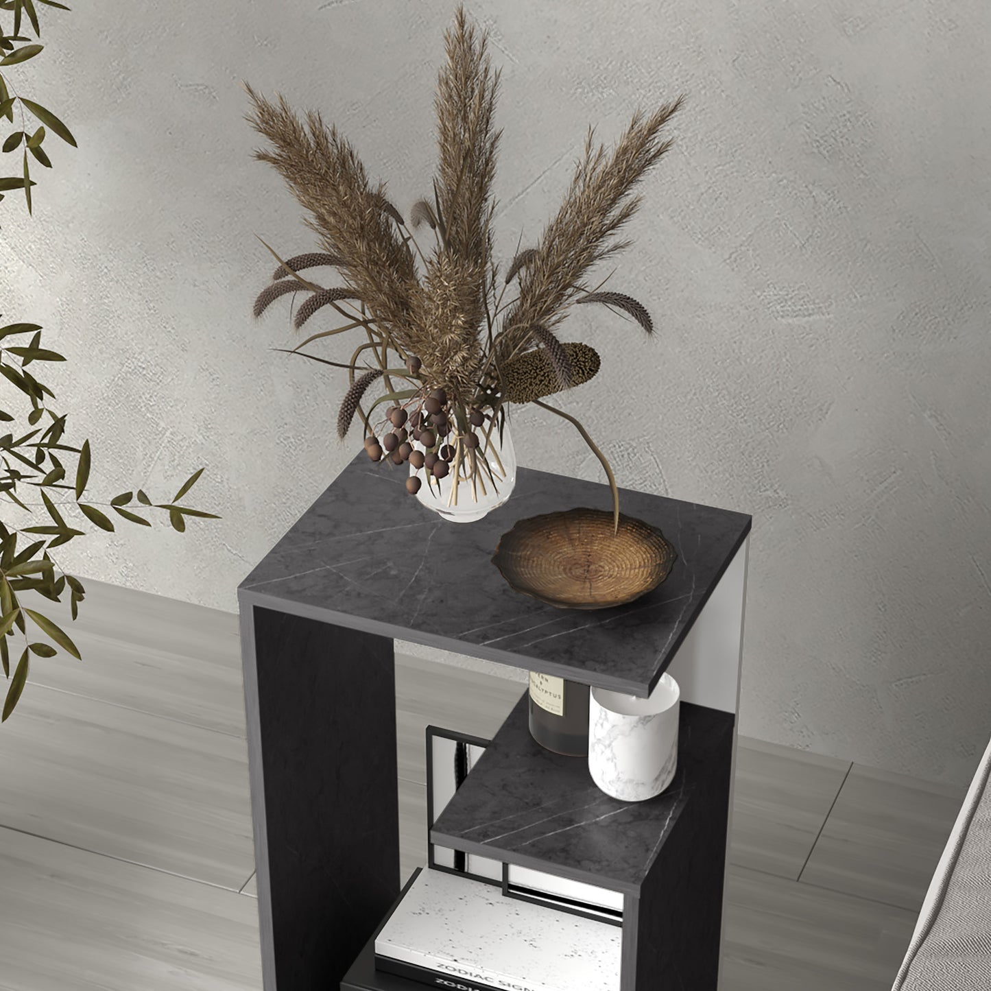 TUHOME Everet 25-Inch High Three-Tier Side Table with Tray-Style Top and Dual Lower Shelves, Compact End Table for Living Room, Sofa Side Storage, Modern Small-Space Organizer for Coffee, Décor and Everyday Essentials