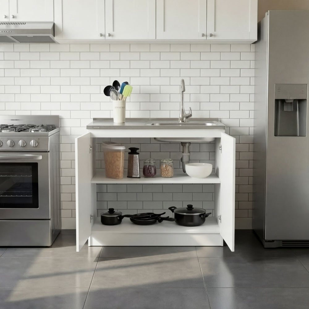 TUHOME Napoles Utility Sink Cabinet with Integrated Steel Sink, Double Door Storage, Interior Shelf and Durable Aluminum Countertop Offering Practical Organization and Functional Workspace.
