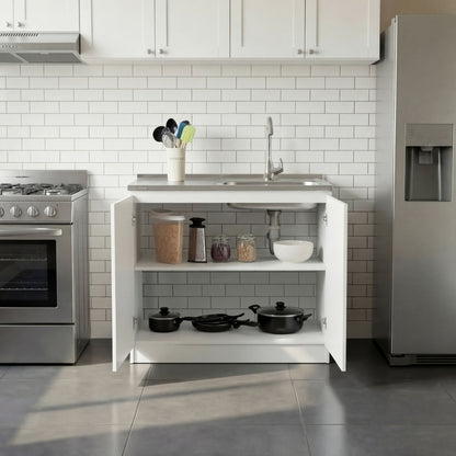 TUHOME Napoles Utility Sink Cabinet with Integrated Steel Sink, Double Door Storage, Interior Shelf and Durable Aluminum Countertop Offering Practical Organization and Functional Workspace.