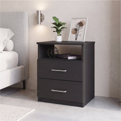 Tuhome Napoles Nightstand in Black with Two Drawers and Open Compartment, Modern Design for Bedroom or Living Room Storage