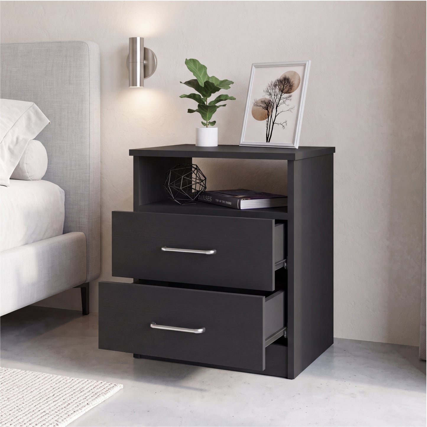 Tuhome Napoles Nightstand in Black with Two Drawers and Open Compartment, Modern Design for Bedroom or Living Room Storage