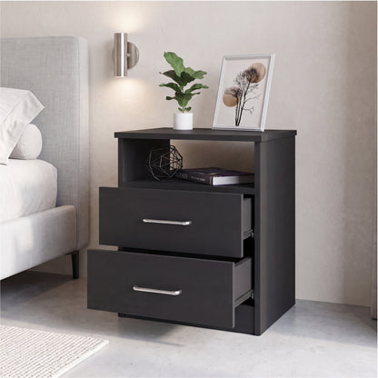 Tuhome Napoles Nightstand in Black with Two Drawers and Open Compartment, Modern Design for Bedroom or Living Room Storage