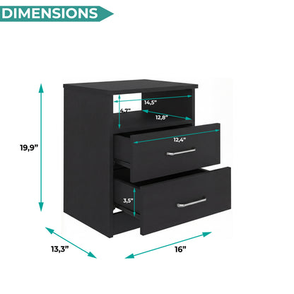 Tuhome Napoles Nightstand in Black with Two Drawers and Open Compartment, Modern Design for Bedroom or Living Room Storage