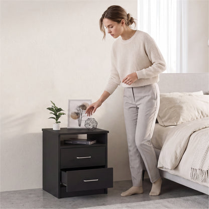 Tuhome Napoles Nightstand in Black with Two Drawers and Open Compartment, Modern Design for Bedroom or Living Room Storage