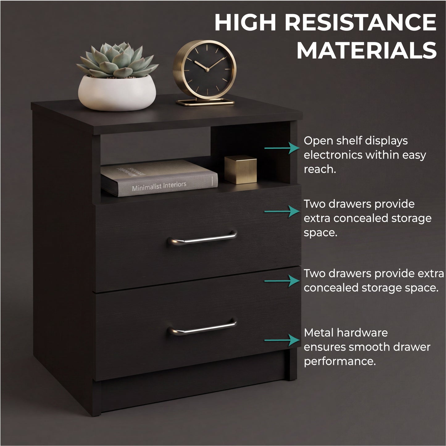 Tuhome Napoles Nightstand in Black with Two Drawers and Open Compartment, Modern Design for Bedroom or Living Room Storage