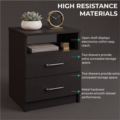Tuhome Napoles Nightstand in Black with Two Drawers and Open Compartment, Modern Design for Bedroom or Living Room Storage