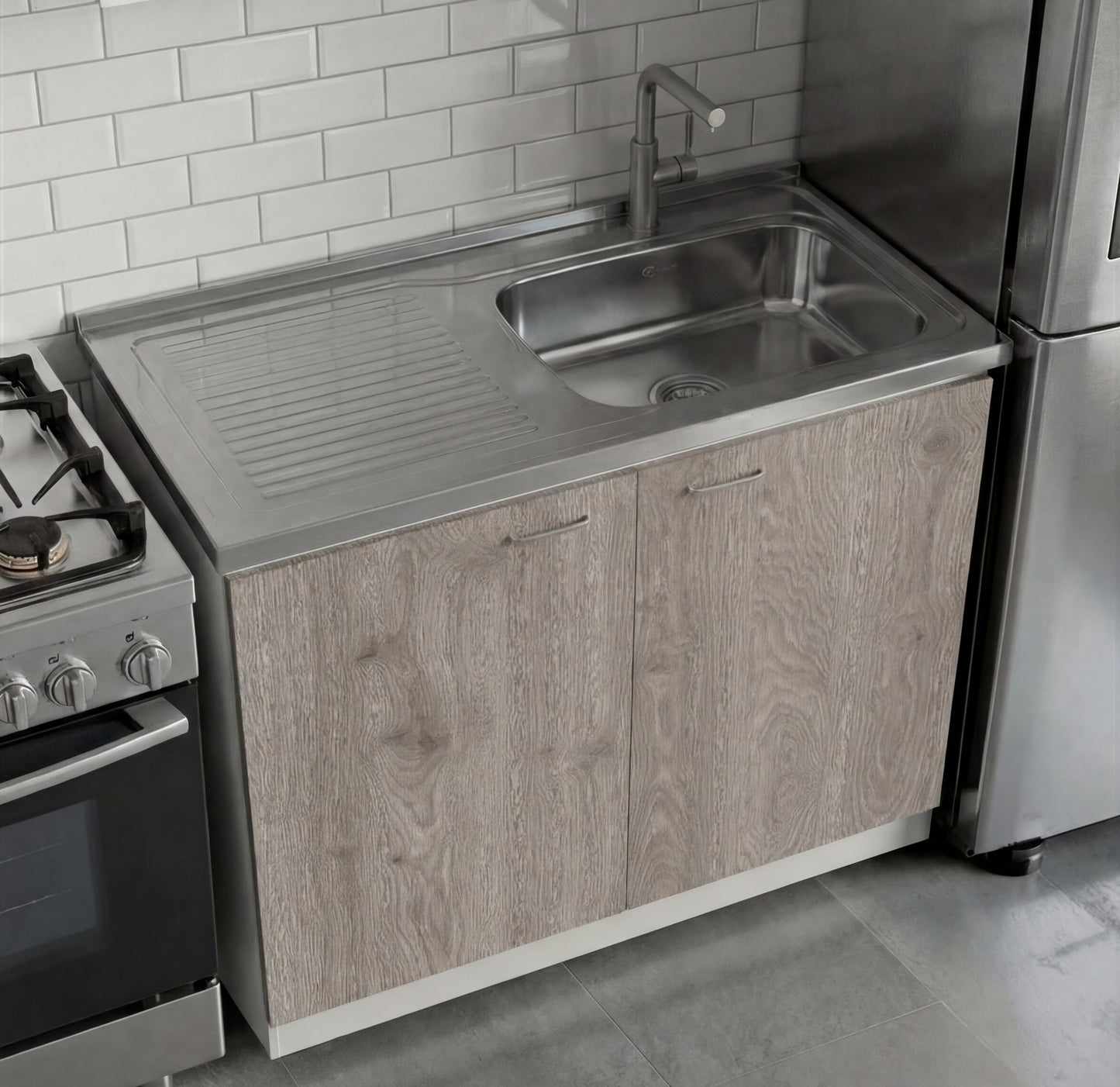 TUHOME Napoles Utility Sink Cabinet with Integrated Steel Sink, Double Door Storage, Interior Shelf and Durable Aluminum Countertop Offering Practical Organization and Functional Workspace.