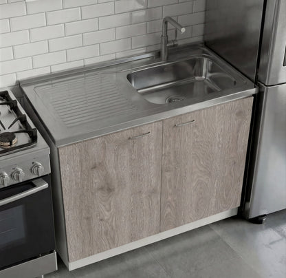 TUHOME Napoles Utility Sink Cabinet with Integrated Steel Sink, Double Door Storage, Interior Shelf and Durable Aluminum Countertop Offering Practical Organization and Functional Workspace.